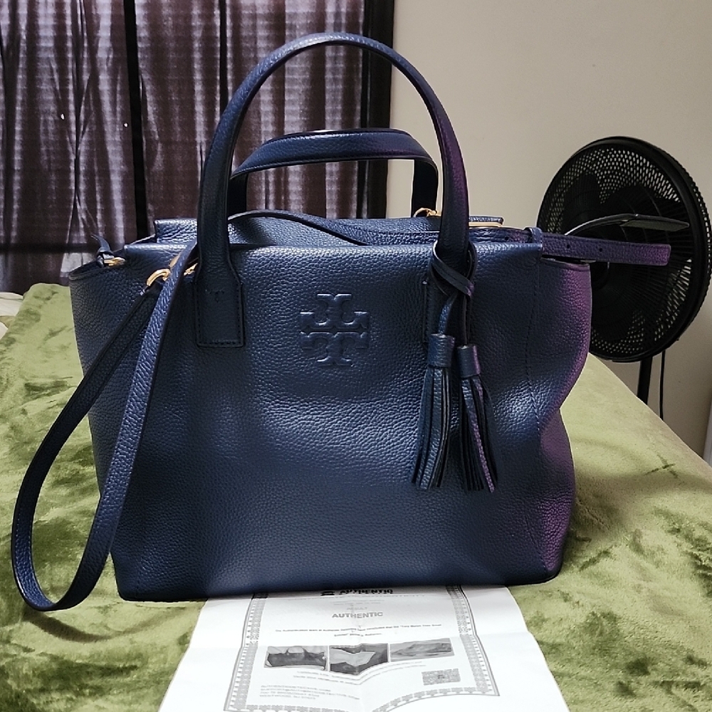Tory Burch Navy Blue Pebbled Leather Satchel